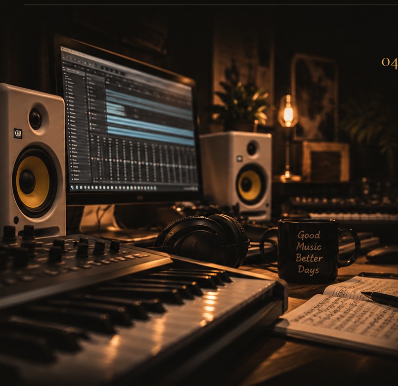 Studio di produzione con tastiere, DAW e monitor audio KRK