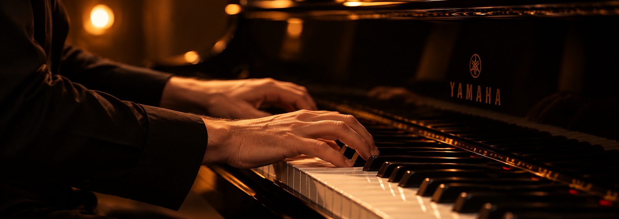 Fabio Comovi di spalle al pianoforte con luci soffuse