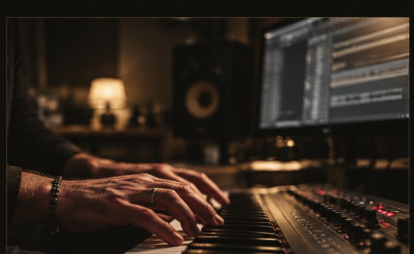 Dettaglio di mani su una tastiera in studio con una DAW sul monitor